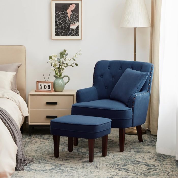 WOODENYA HIMO Tufted Armchair and Ottoman Fabric joot/Polyester Velvet Chesterfield (33.4'' H X 28.3'' W X 26.3'' D) for Living Room, Drawing Room, Bedroom,Study Room, Meeting Room, (Blue)