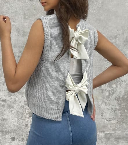 Image of Women's Back Tie Bow Knit Sweater Vest Casual Tops Y2K Sleeveless Crew Neck Knit Vest