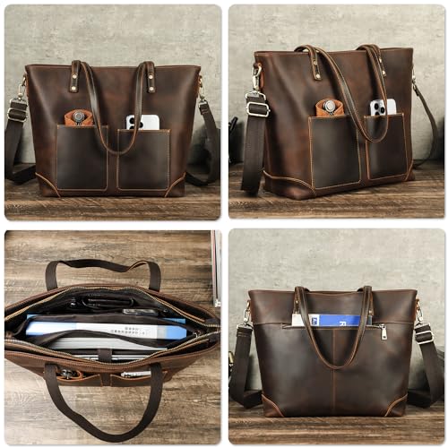 Top Grain Leather 14.2" Laptop Tote Bag Briefcase for Man & Woman, Retro Design & Adjustable Strap, Fits to 14.2" MacBook Pro/Air, Messenger Bag Handbag for Office/Travel, Coffee 14.2 Inch2