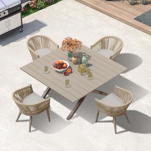 Image of PURPLE LEAF 5 Pieces Oversized Square Outdoor Dining Set with Patio Aluminium Dining Table and Wicker Chairs Modern Furniture Cushions Sets for Backyard Indoor Decor Kitchen Champagne