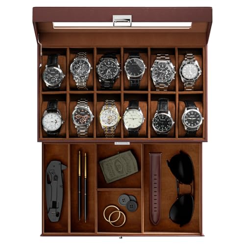 ProCase Watch Box, 12 Slot Mens Watch Case With Drawer, 2-Layer Watch Display Case With Glass Lid, Mens Jewelry Box Storage Holder Organizer, Birthday