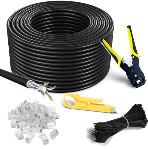 Image of MutecPower 100m CAT6 Outdoor Waterproof Direct Burial Ethernet Network Cable - UTP - CCA - 550 Mhz - Black 100 Meter with Crimping Tool RJ45 connectors and Cable Ties