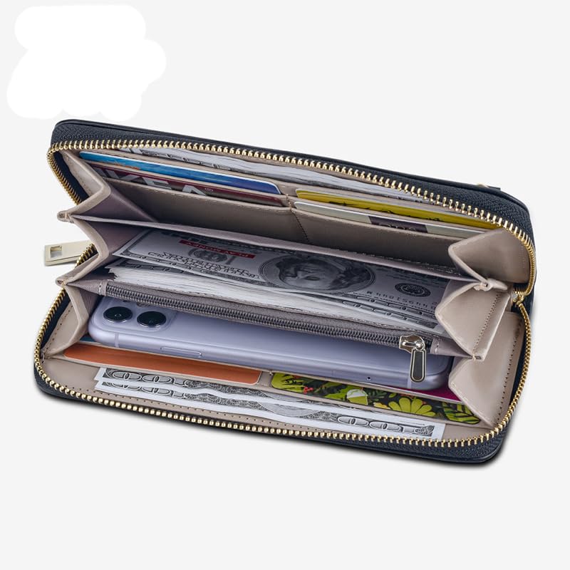 RFID Wallet for Women, Leather Large Billfold Clutch Wallets for Women, Long Ladies Wallet Purse with Wristlet, Women's Zippered Wallet with RFID-blocker Protection, Lightweight Female Wallet (Blue)4