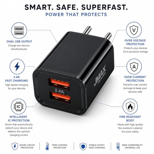 Image of Jmax 2.4A Dual USB Mobile Charger with Free Micro USB Cable | Fast Charging Dual USB Wall Charger Adapter | Smart IC Protection | Compatible with Nokia, Samsung, Lava, Jio, OnePlus, Realme, Oppo