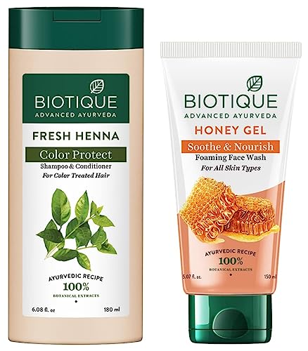 Biotique Fresh Henna Color Protect Shampoo & Conditioner, 180ml & Biotique Honey Gel Soothe & Nourish Foaming Face Wash For All Skin Types 150 Ml