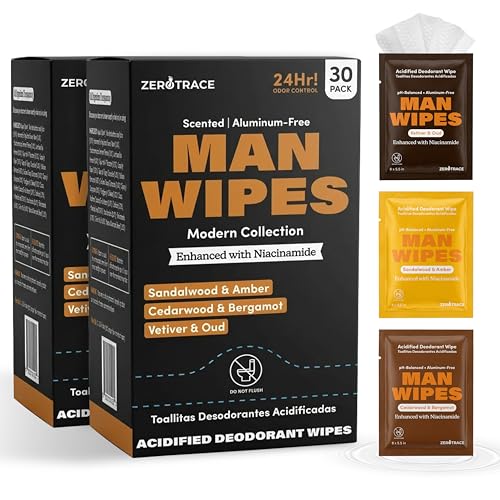 Zero Trace Travel Deodorant Wipes for Men – 30 Individually Wrapped Deodorizing Wipe with Sandalwood &amp; Amber, Cedarwood &amp; Bergamot, Vetiver &amp; Oud – Refreshing Underarm Body Wipes for Gym &amp; On-the-Go