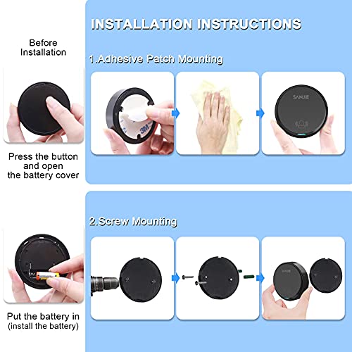 Waterproof Wireless Doorbell With 2 Push Buttons, Sanjie Long Range Door Bell With 36 Ringer 4 Adjustable Volume For Home/Deaf People,4 Plug In Receivers (Battery Free),Black #TOP5