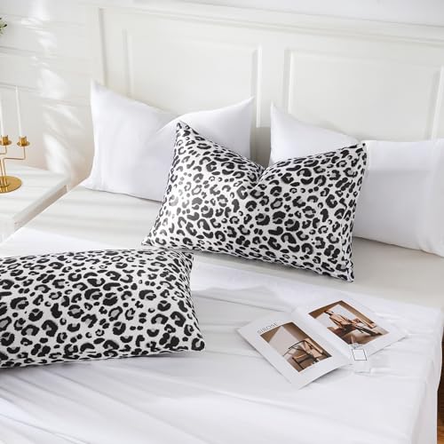 Image of MR&HM Satin Pillowcase for Hair and Skin, Silk Satin Pillowcase 2 Pack, Queen Size Pillow Cases Set of 2, Silky Pillow Cover with Envelope Closure (20x30, White Leopard)