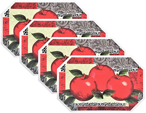 Pack of 4 Durable Design Placemat Set Deluxe Vinyl Latest Decoration Patterns Non-Slip Foam Ease Wipes Clean (Apples)