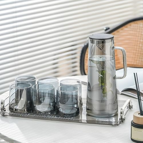 Image of Wringo Premium 7pc Crystal Water Jug with Glass Set and Jug Set Combo,Freezer Safe and Dishwasher Safe (6 Pieces Glasses 200ML and 1 Water Juice Jug 1 Liter), Transparent, Glass and Jug Set (WS-15)