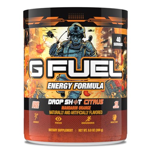 Image of G Fuel Drop Shot Citrus Energy Drink Powder, Pre Workout Caffeine Mix for Gaming, Sugar Free Focus Amino, Vitamin + Antioxidants, 9.9oz (Mandrin Orange, 40 Servings)