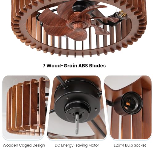 Image of 20'' Caged Low Profile Fandelier ceiling fan with light and Remote Walnut