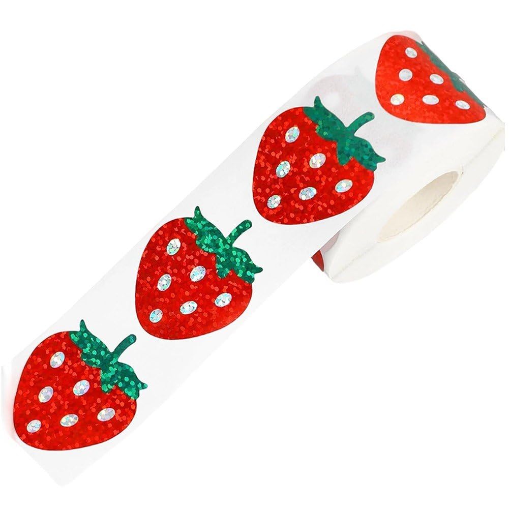Fituenly 500pcs Strawberry Stickers, Cute Strawberry Face Stickers Berry Shortcake Sticker Coated Paper Self Adhesive Reward Fruit Decals Strawberry Label Stickers Roll for Kids