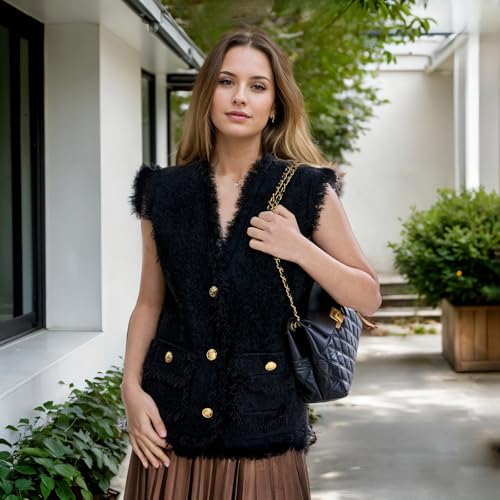 Image of WaJuemy Loose Sweater Vest for Women Dressy Sleeveless V Neck Cardigan Sweater Elegant 2025 Trendy Button Up Pockets Tops (Small, 01 Black)