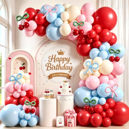 Image of Cherry Balloon Arch Kit, Red Blue Pink White Green Bow Light Mist Balloons