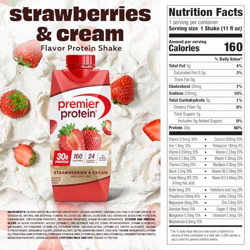 Image of Premier Protein Shake, Strawberries & Cream, 30g Protein, No Added Sugar, 24 Vitamins & Minerals to Support Immune Health, 11 fl oz, 4 Pack