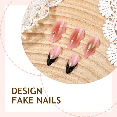 Image of Gold Heart Press on Nails Black French Tip Fake Nails with Rhinestone Design Reusable Star Nail Press ons Brown Ombre Glossy Full Cover Medium Almond Glue on Nail for Women Girls Manicure 24Pcs