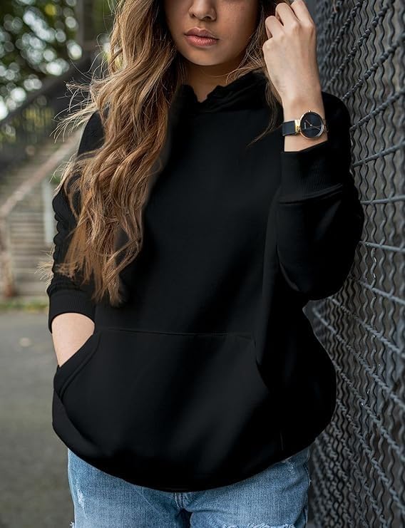 Image of Women's Black Fleece Hoodie Oversized Fit Soft Warm Winter Hooded Sweatshirt with Kangaroo Pocket