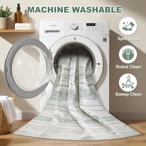 Nakagishi Green Rug Living Room 5x8: Washable Boho Large Neutral Farmhouse Soft Area Rugs Modern Stain Resistant Moroccan Indoor Non-Slip Floor Carpet for Bedroom Nursery Kids Playroom Office