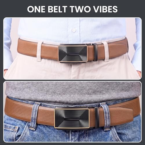Image of THE MEN THING Mens 100% Genuine Leather Belt - SIGNORA Micro-Grain, RYZOR Chevron Auto-Lock Buckle (Brown & Black Reversible)