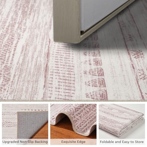 Small Area Rug-2x3 Entryway Rug Non Slip Washable Low Pile Indoor Door Mat Neutral Distressed Boho Moroccan Entrance Rugs Carpet for Bedroom Kitchen Powder Room Front Porch Bathroom, Pink