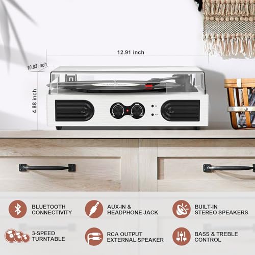 Image of Vinyl Record Player with Built-in Speakers, Vintage 3-Speed Turntable, Bass /Treble Control, Headphone Jack, RCA /AUX Outputs, Belt-Driven LP Player, White