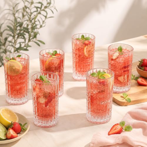 Image of bellemax 350 ML Long Ribbed Drinking Glass | Premium Transparent Water Juice Glasses | Elegant Tall Tumbler Glasses for Water, Juice, Cold Drinks, Mocktails & Cocktails(Set of 6)