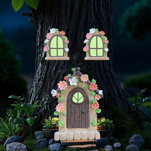 FESTGLOX Fairy Garden Door and Windows for Trees Outdoor, Glow in The Dark