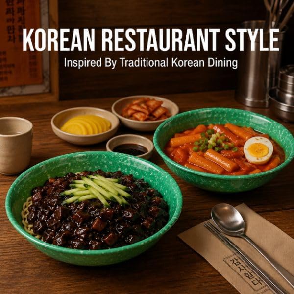 Korean Melamine Ramen & Tteokbokki Bowls Set of 2, Green Speckled, 8.3 Inch image 2