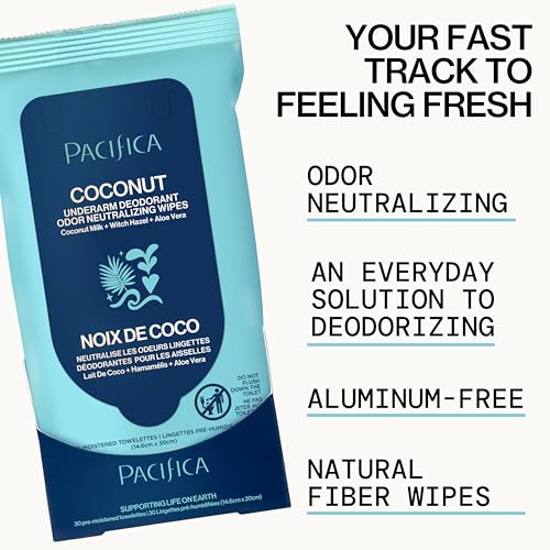 Image of Pacifica Beauty Coconut Milk & Essential Oils Underarm Deodorant Wipes, Helps Remove Odor, Aluminum-Free, Vegan & Cruelty-Free, 30 Wipes (1-Pack)