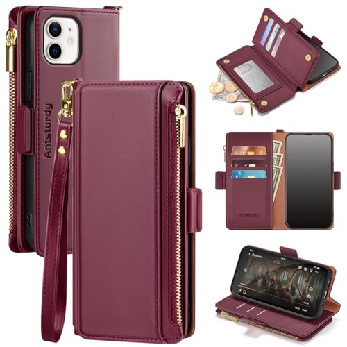 Antsturdy Compatible with iPhone 12 Wallet Case,RFID Blocking PU Leather Phone Case Women Men Kickstand Flip Cover Wrist Strap Zipper Credit Card Holder Slots,for Apple 12 Pro 6.1
