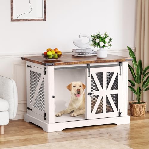Hundekäfig Möbel, Dreitüriger Hundekäfig, 100 cm Holzhundebox, Schiebetüren, Modernes Hundezimmer für den Innenbereich, für Kleine und Mittelgroße Hunde, Verstärkte Konstruktion, 100x65x67cm, Weiß