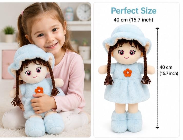 Image of Cute Doll Soft Toy for Girls 40CM | Sky Blue Plush Doll Teddy for Kids | Ultra Soft Stuffed Baby Doll Toy | Huggable Washable Plush Toy Gift for Boys & Girls