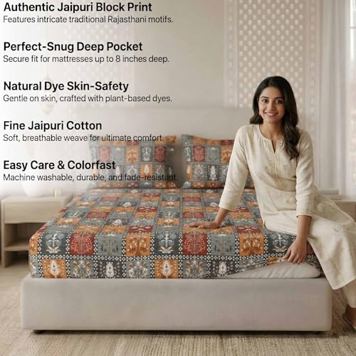 Image of VAS COLLECTIONS 180 TC Cotton Fitted Bedsheet Double Bed (72x78+8 Inches) with 2 Pillow Covers - Soft Breathable Skin Friendly Jaipuri Printed Elastic Fitted Bed Sheet, Red & Grey