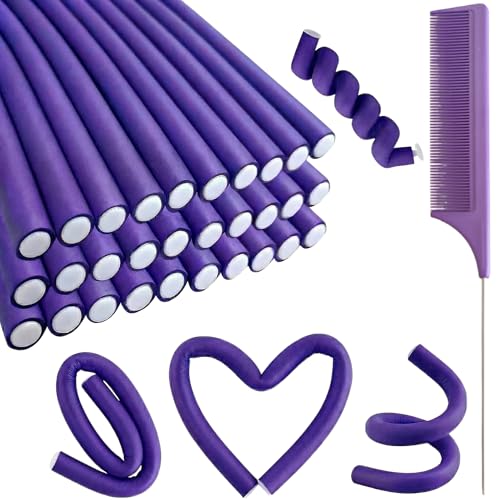 30PCS 9.45' Purple Flexi Rods Curlers Set for Short and Long Hair, No Heat Foam Rollers with Steel Comb