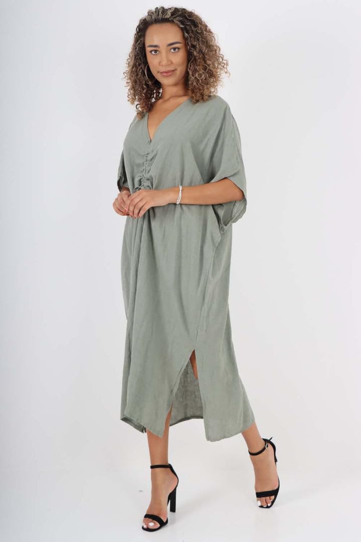 Abito da donna con scollo a V italiano con coulisse frontale casual a pipistrello a maniche corte con spacco laterale in lino vestito da festa