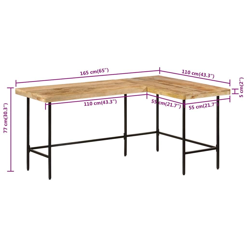 Hothingwell Biurko w kształcie litery L 165x110x77 cm z litego drewna mango | Solidne żelazne nogi, instalacja prawa lub lewa, unikalny rustykalny design