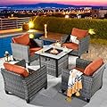 HOOOWOOO Patio Outdoor Conversation Set with Fire Pit Table,Small 5 Pieces Outside Furniture Single Sofa Set with Gas Fire Pit Table,Orange Red