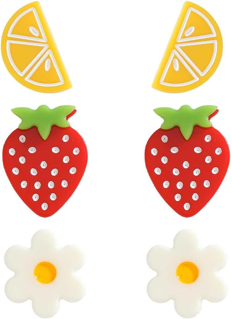 6 Pcs Acrylic Orange Flower Strawberry Stud Earrings Set for Women, Cute Fruit Floral Earrings, Lightweight Summer Jewelry Gifts for Teens Vibrant Everyday Accessories