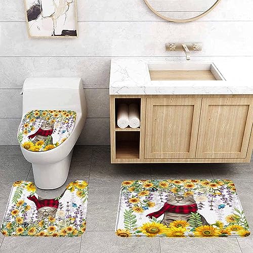 VPUPCN Funny Cat Sunflower 3 Pcs Bath Rugs Set,Yellow Floral Plant Butterfly Cute Kitten Rustic Farmhouse Animal Bathroom Kitchen Rug with 16