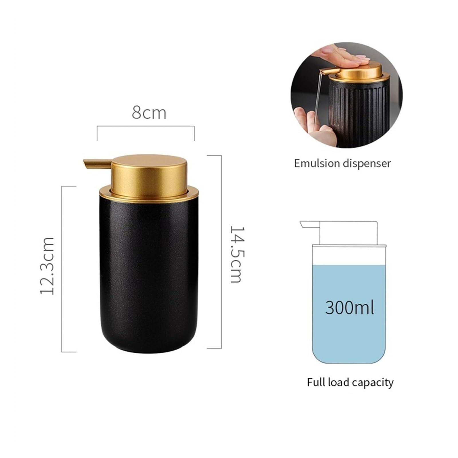 Keramik Seifenspender Schwarz Porzellan Pumpe Gold Leicht Drückend | Flaschenöffnung weit Handlotion Flüssigkeitsspender Shampoo Duschgel Spülmittel Badezimmer Küche(Klein)