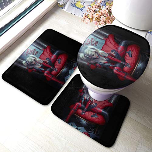 Clown Girl Harley Quinn Badvorleger 3-teiliges Set Badteppich-Set Weiche Anti-Rutsch-Pads Badematte + Kontur-Pads + WC-Deckelbezug, saugfähiger Teppich Bad und Matte Anti-Rutsch-Pads Set