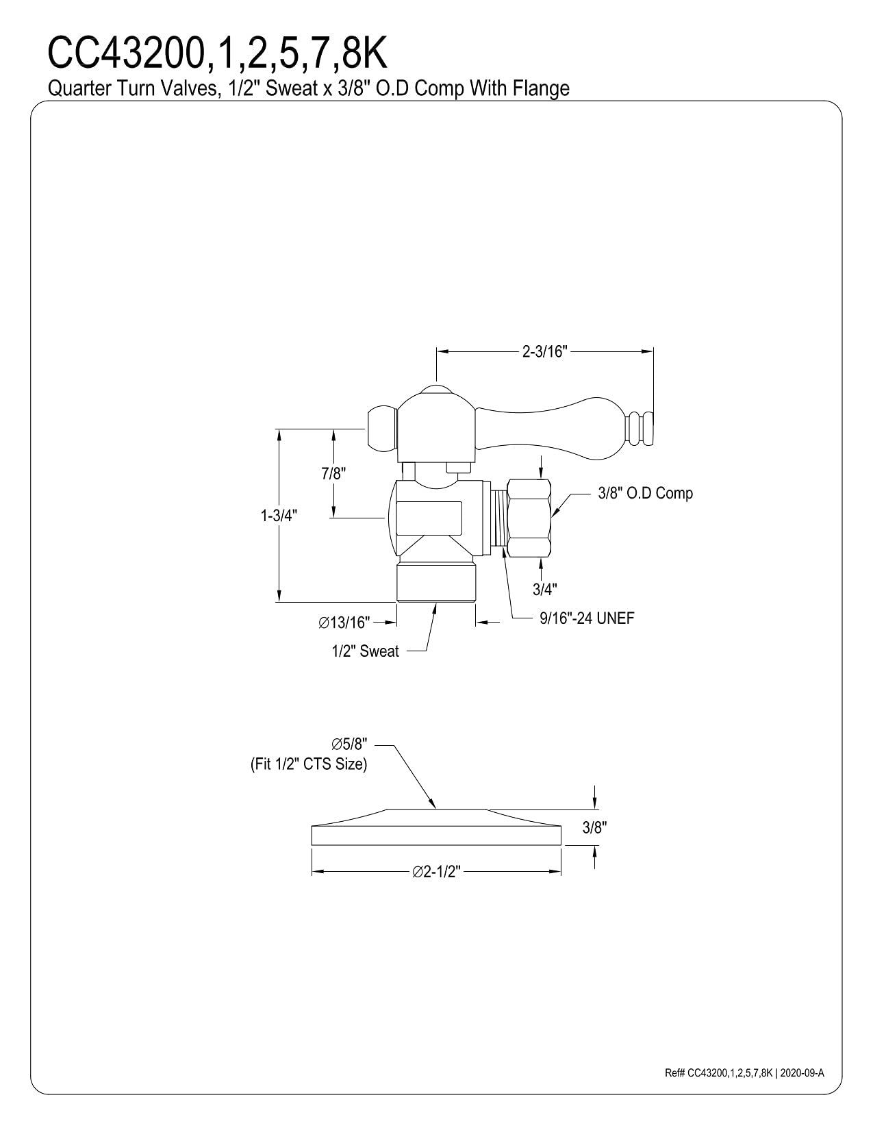 Kingston Brass CC43200K Válvula de parada de ángulo de cuarto de vuelta con brida de 1/2 pulgada de sudor x 3/8 pulgadas OD Comp, negro mate