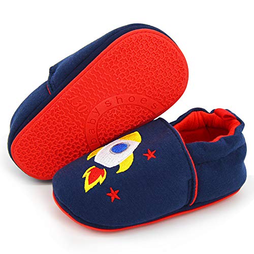 LAFEGEN Baby Boy Girl Walking Shoes Non Slip Soft Sole Infant Toddler Slipper Newborn Moccasins First Walker House Crib Sneaker Shoes, 01 Navy Astronaut,12-18 Months Toddler