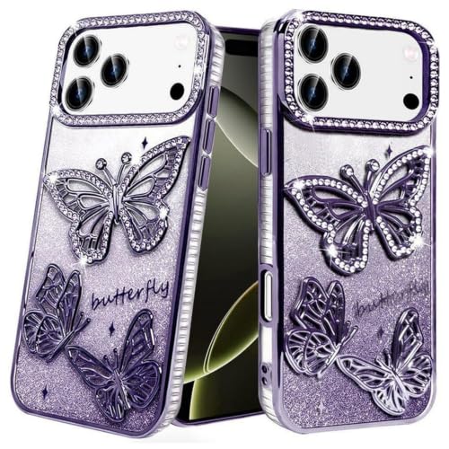Image of VONZEE Electroplated Butterfly Case Compatible with iPhone 17 Pro Max, Pearlescent Diamond Sparkle TPU Cover, Shockproof Drop Protection, Camera Lens Guard Phone Case for Women & Girls, Deep Purple