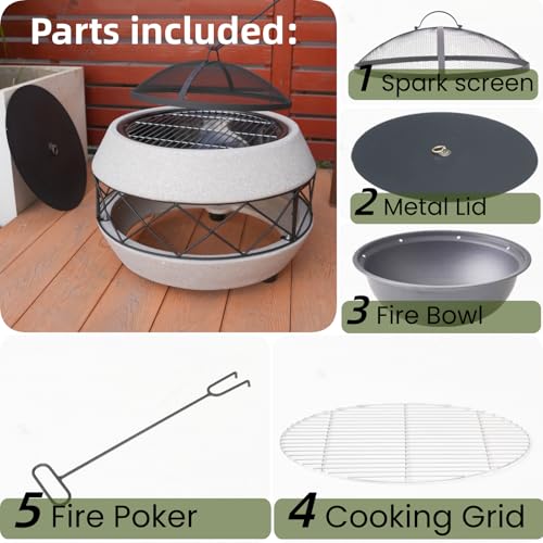 Image of Wood Burning Concrete Outdoor Fire Pit (Round 1) | BBQ Grill Firepit ,Fire Pit Table,MGO Concrete Base,Patio Garden Backyard,Outdoor Gatherings,