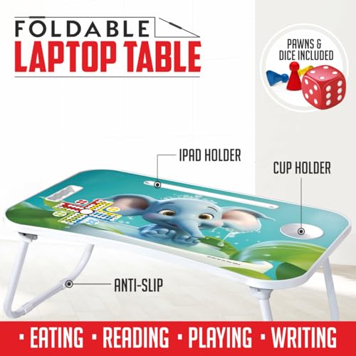 Image of Amazon Brand - Jam & Honey Foldable Laptop Table for Kids 4+ Years, Portable Study Bed Desk with Cup Holder, Tablet Stand & Ludo Game, Cute Elephant Design, BIS Certified Safe