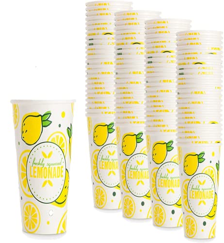 lemon shake up cups - 20 Ounce Lemonade Cups Paper | Set of 100 | Lemonade Stand Supplies | 20 oz