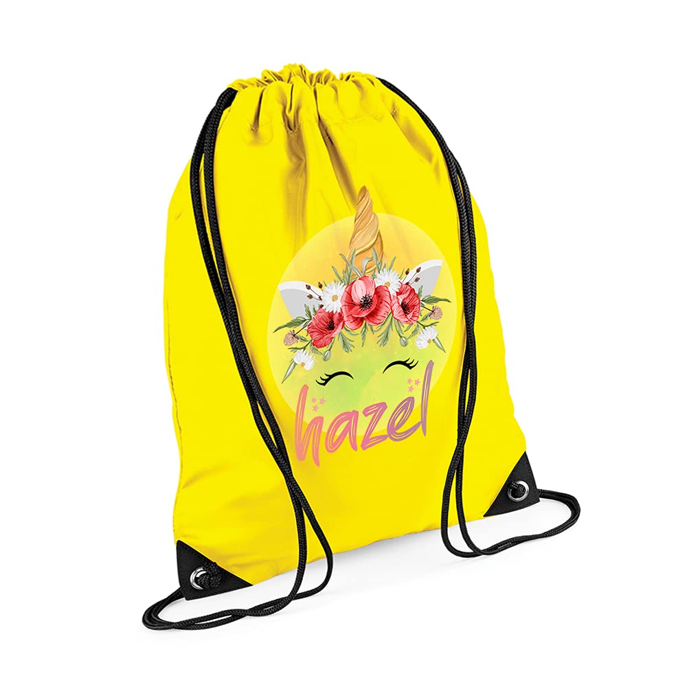 Personalised Unicorn Magicaly Stars Crown Castle Floral Girl ANY NAME Kids Birthda Back To School Drawstring Bag, PE Gym Kit, Swimming Rucksack. (Yellow)