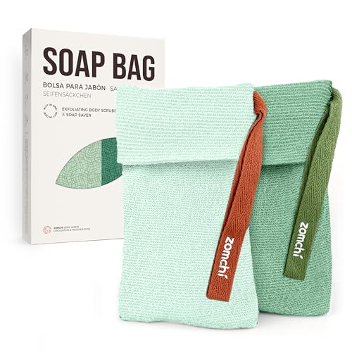 ZOMCHI 2 bolsas de jabón para barras de jabón con diferente rugosidad, bolsas exfoliantes para guardar jabón, bolsa de jabón para gel de baño (Verde)
